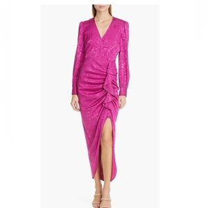 Veronica Beard. Weiss Side Ruffle Long Sleeve Silk Blend Maxi Dress.